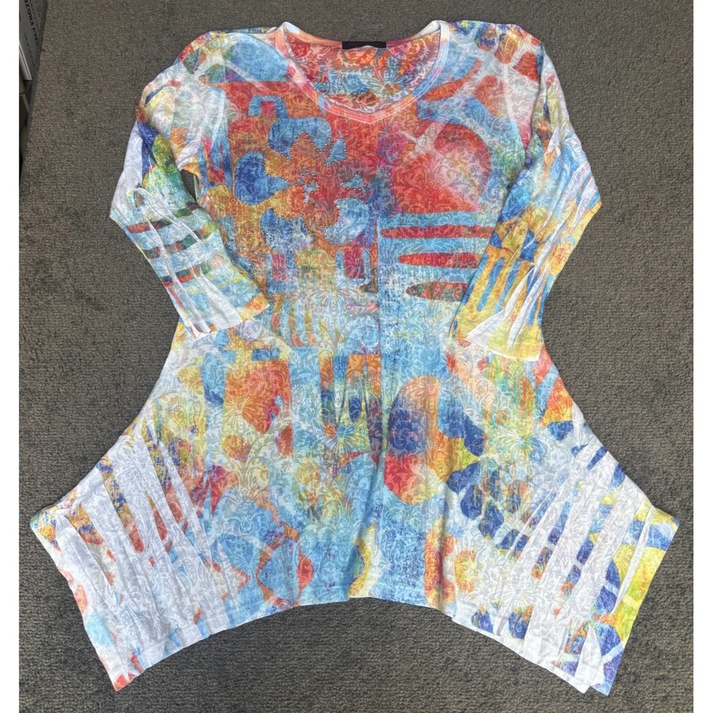 Katina Marie Tunic Long Top Women's Size Small Multicolor Floral V-Neck Pullover